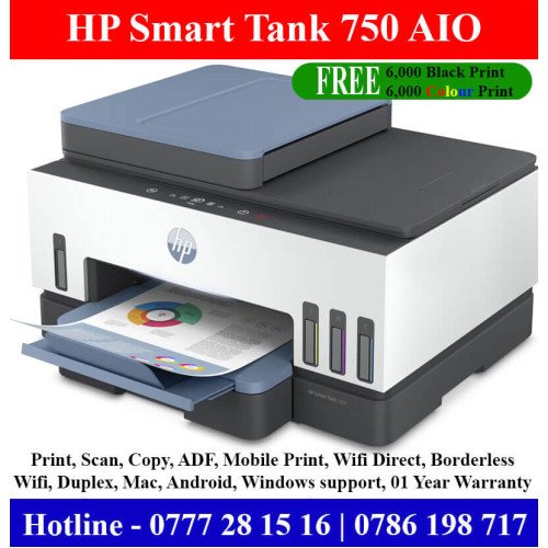 HP Smart Tank 750 Printer Sri Lanka. Print, Scan, photocopy, Duplex, Wifi, ADF